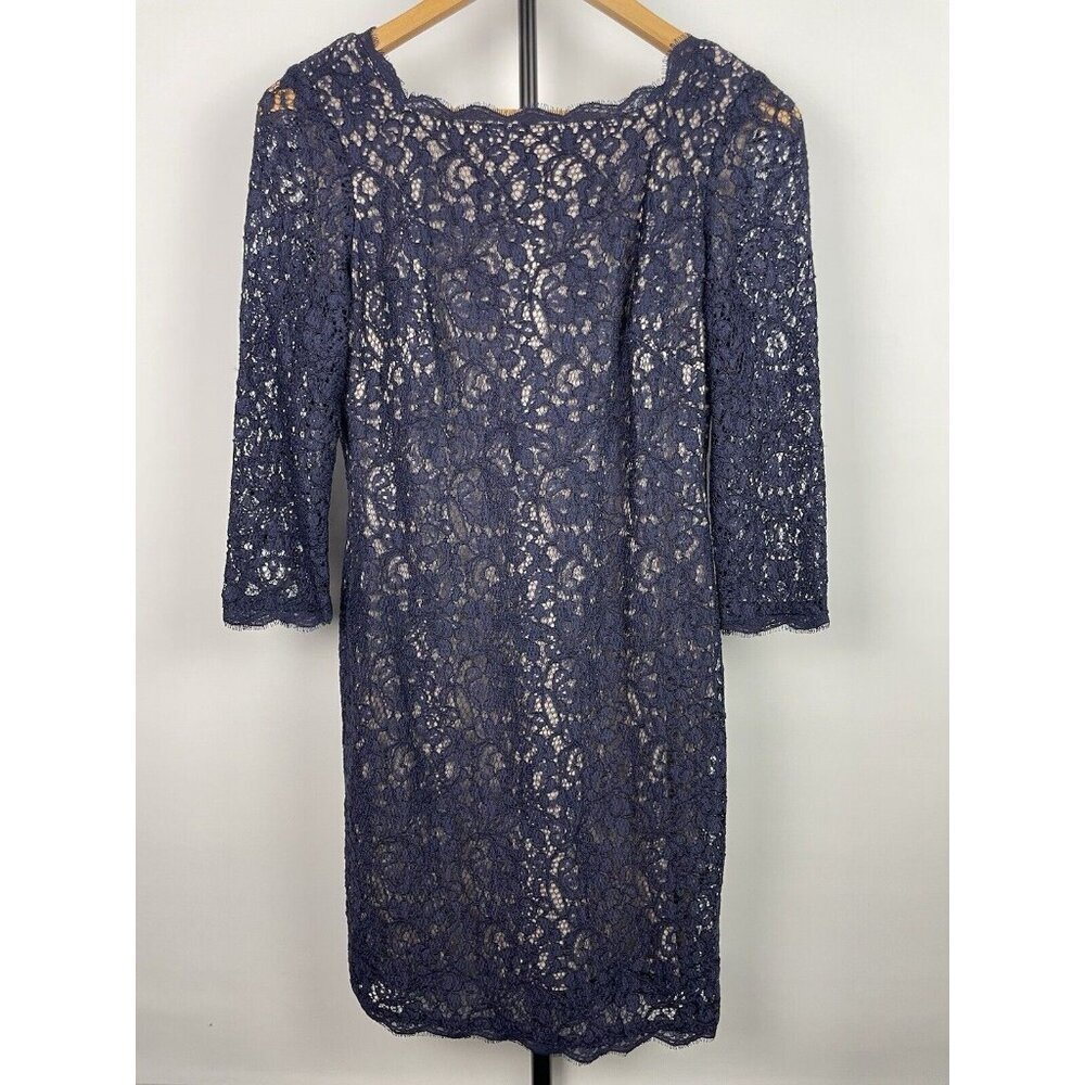 Adrianna Papell Evening Navy Lace Sheath Formal Long‎ Sleeve Mini Dress Size 4P
